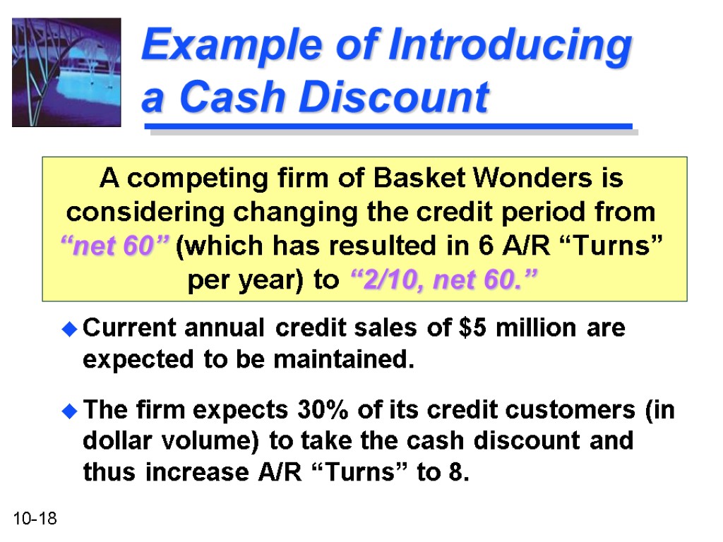 Example of Introducing a Cash Discount A competing firm of Basket Wonders is considering